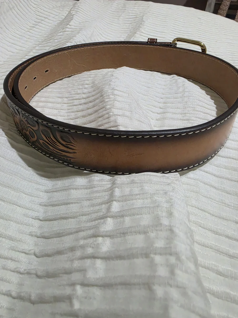 Brown Tooled Leather Women's Belt with Gold Buckle